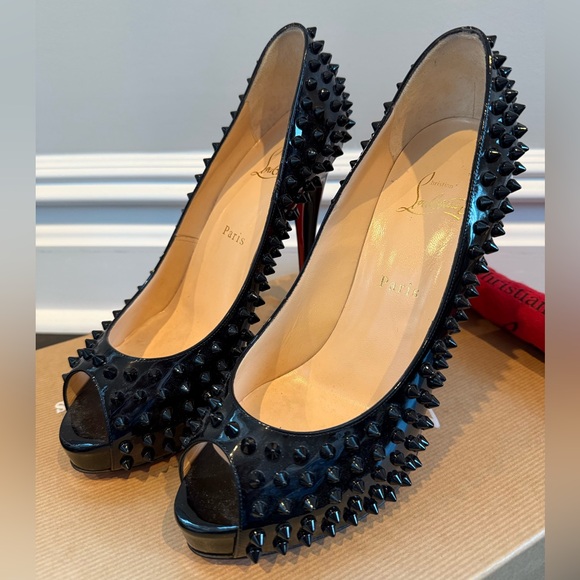 Christian Louboutin Black Spiked Peep-Toe Heels - Picture 1 of 9